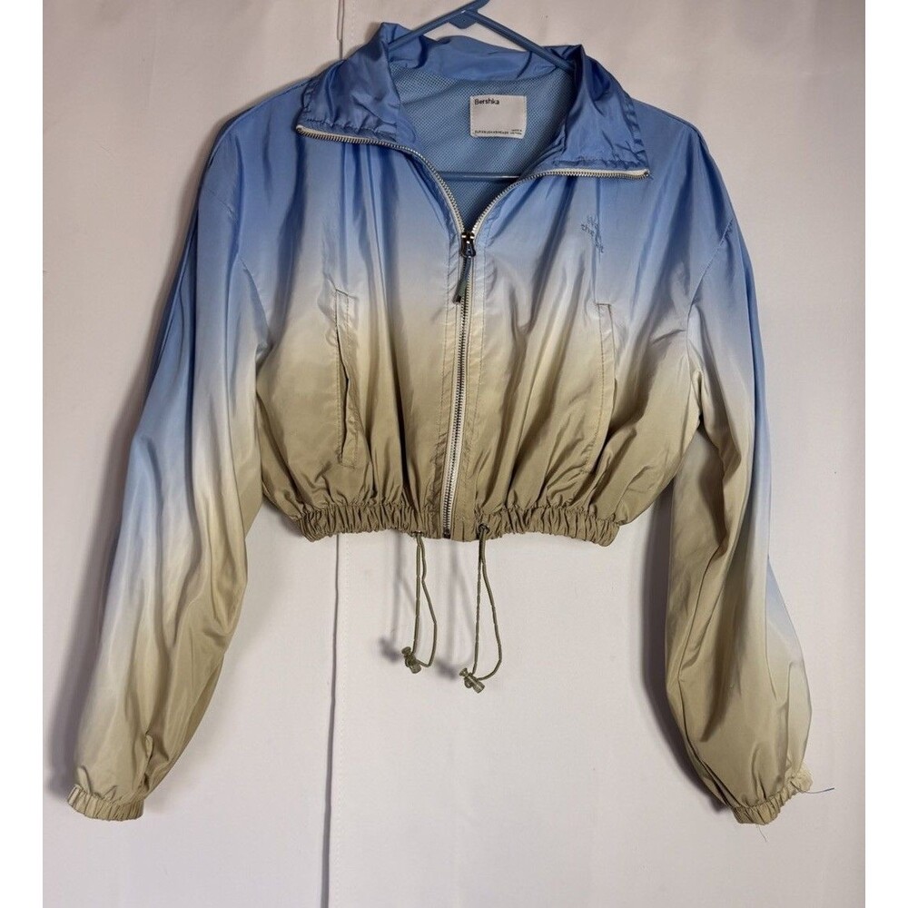 Bershka Womens Cropped Ombre Windbreaker Jacket Blue Tan Beige Sz XS Drawstring